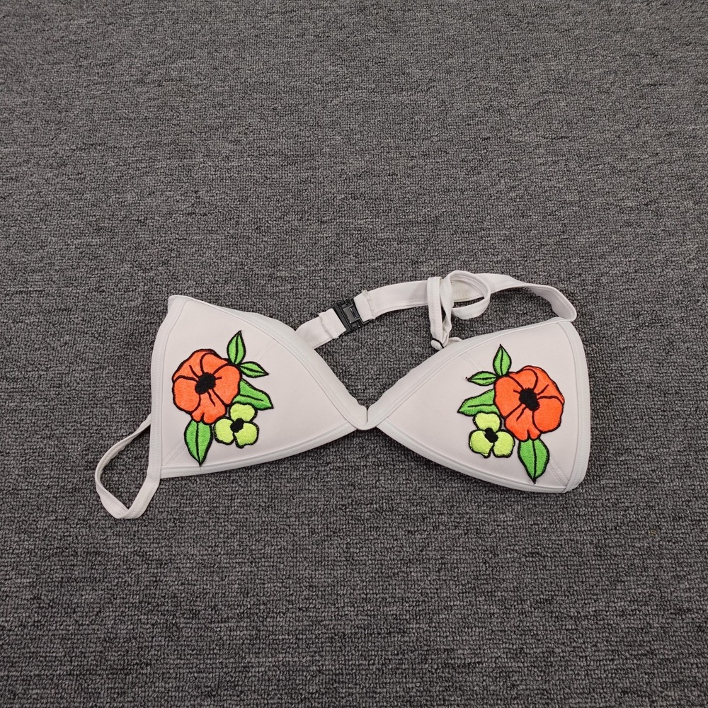 Triangl Swimsuit Top Womens Small‎ White Neoprene Floral Triangle Embroidered
